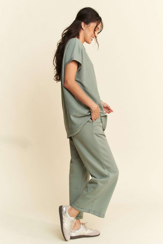 Davi & Dani Round Neck Short Sleeve Top and Pants Set