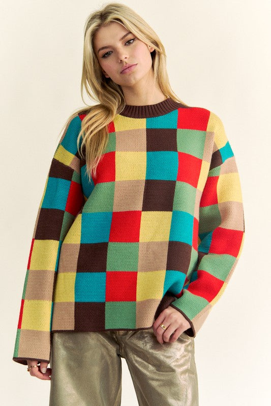 Davi & Dani Color Block Checkered Dropped Shoulder Sweater