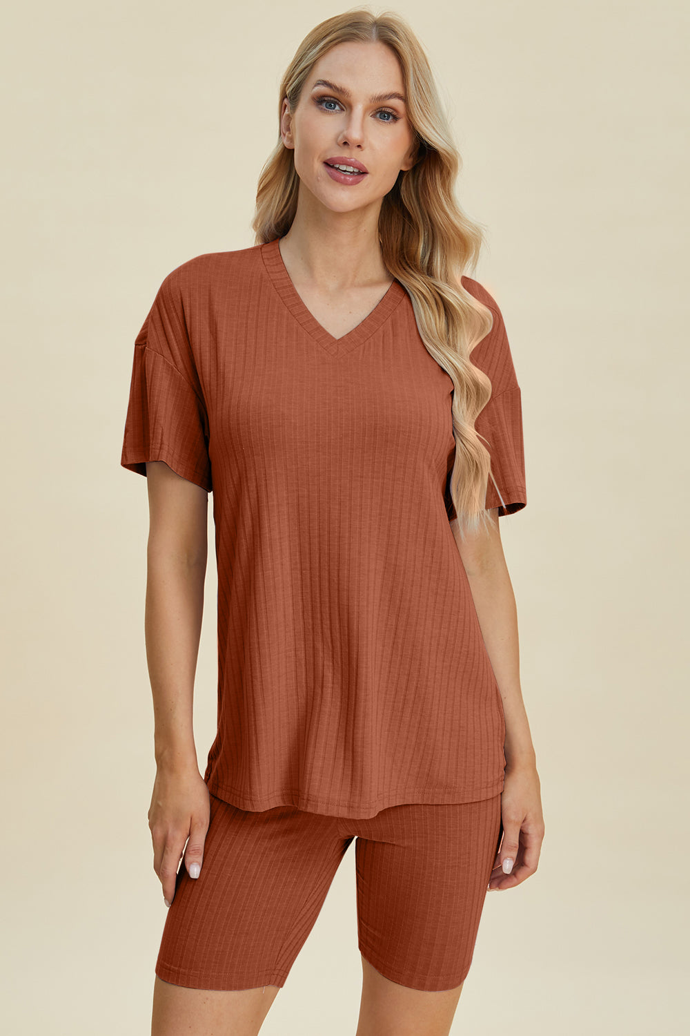 Basic Bae Full Size Ribbed V-Neck Short Sleeve Top and Shorts Set