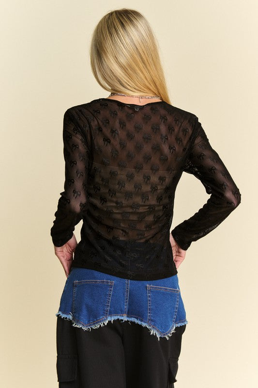 Davi & Dani Bow Mesh Round Neck Long Sleeve Top