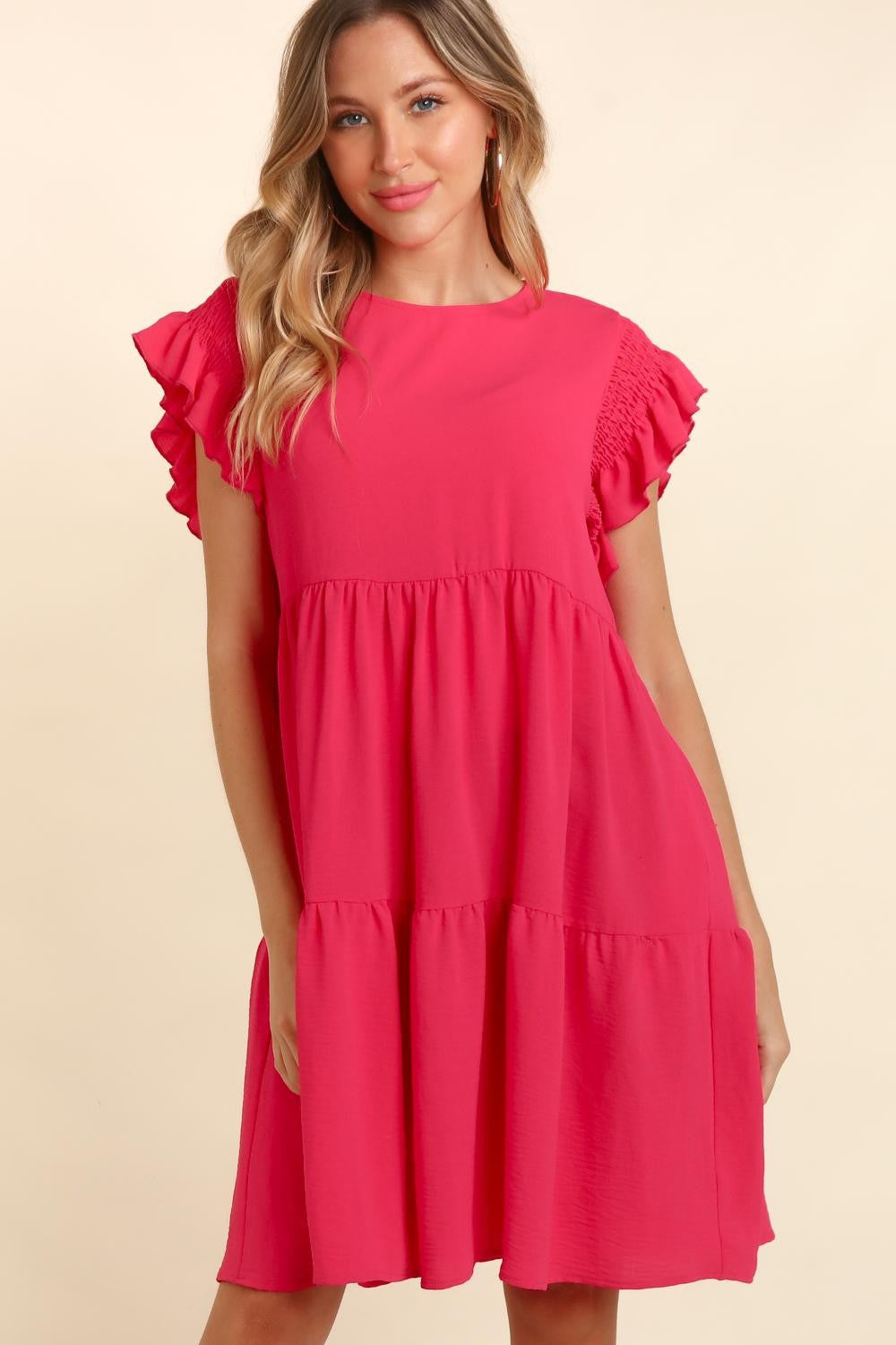 Haptics Full Size Smocking Ruffle Short Sleeve Dress with Pockets