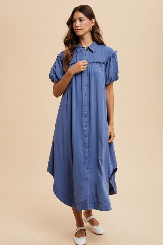 Annie Wear Mineral Washed Button Down Puff Sleeve Shirt Dress