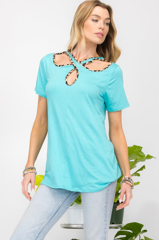 Celeste Full Size Crisscross Cutout Leopard Contrast Trim T-Shirt