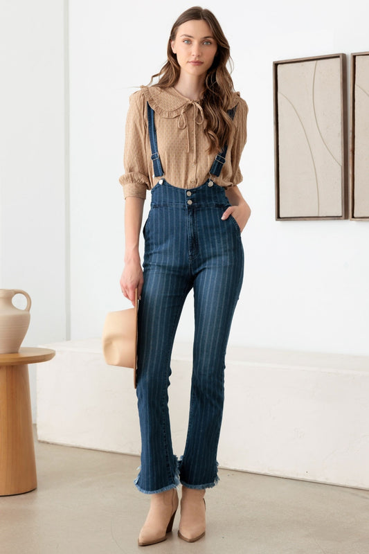 Litz La Striped Stretched Suspender Denim Overalls