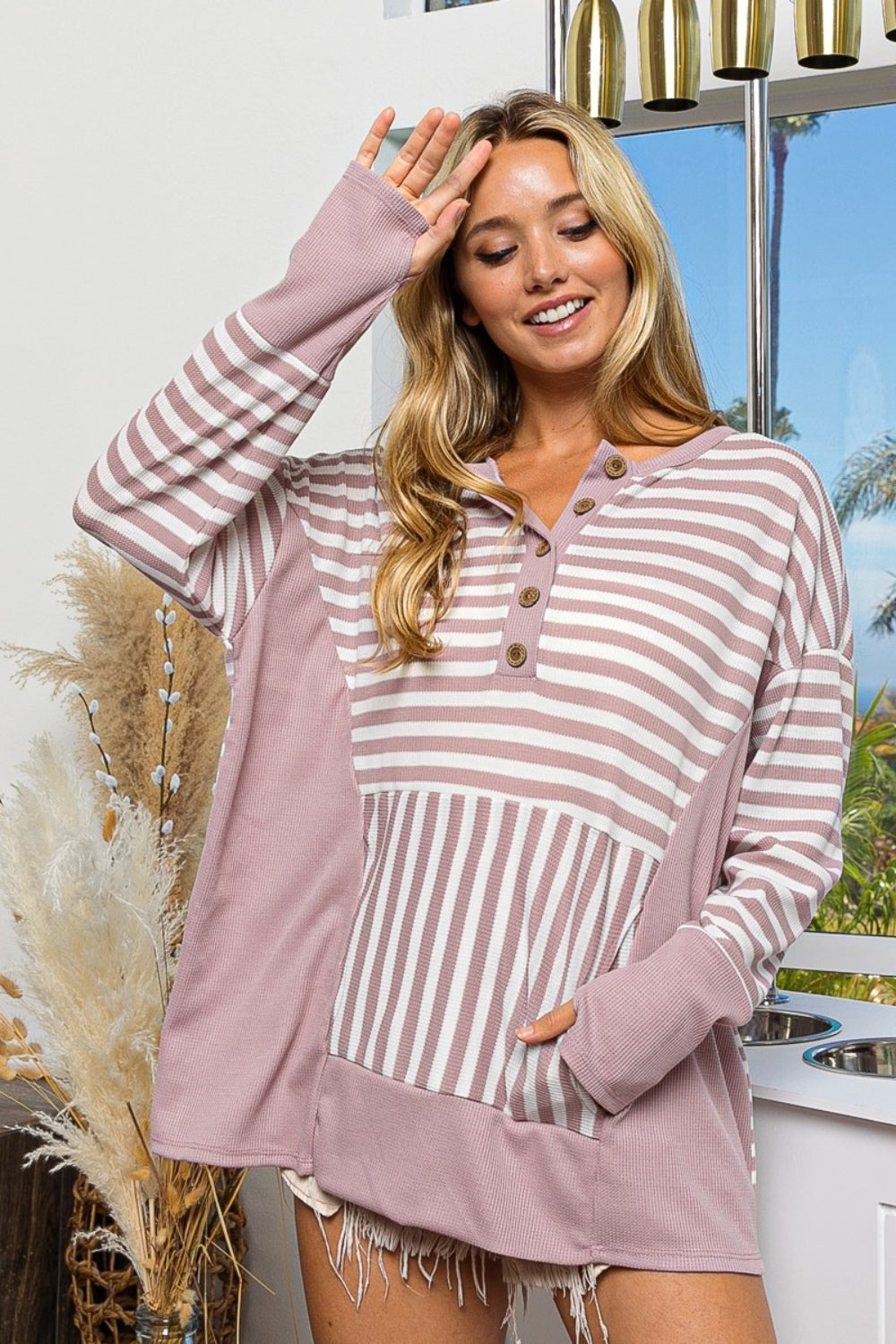 BiBi Striped Thumbhole Long Sleeve Top