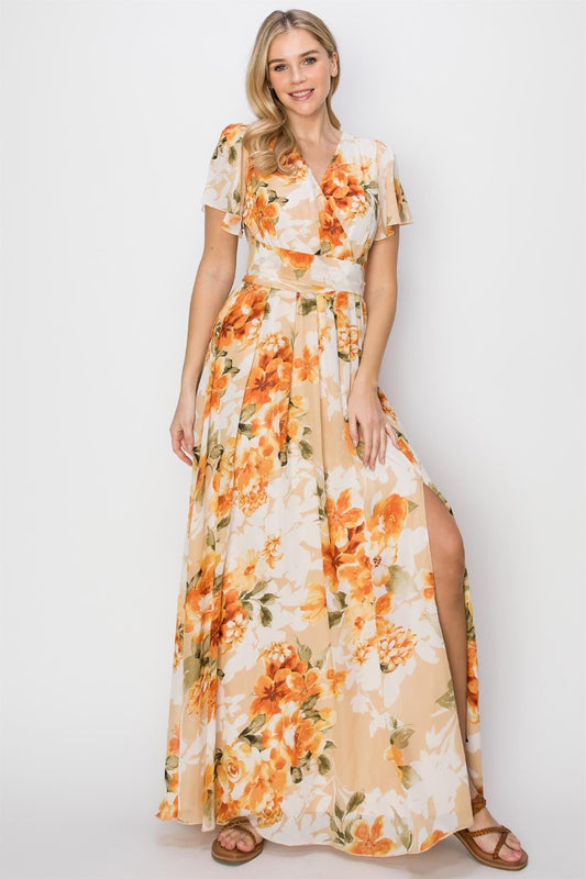 HYFVE Floral Tie Back Short Sleeve Slit Maxi Dress