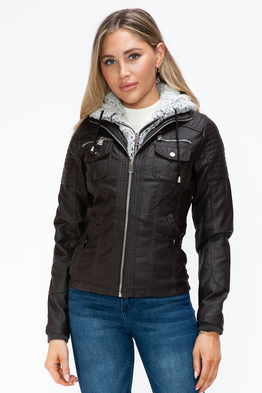 YMI Removable Faux Layered Multi-Pocket Jacket with Fuzzy Hood