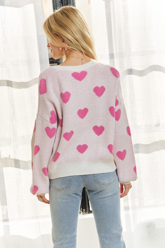 ADORA Heart Round Neck Drop Shoulder Sweater