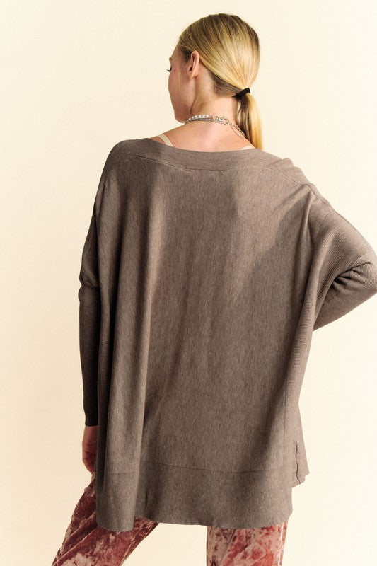 Davi & Dani Round Neck Dropped Shoulder Long Sleeve Knit Top