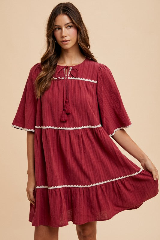 Annie Wear Tassel Contrast Trim Tie Neck Half Sleeve Tiered Dress