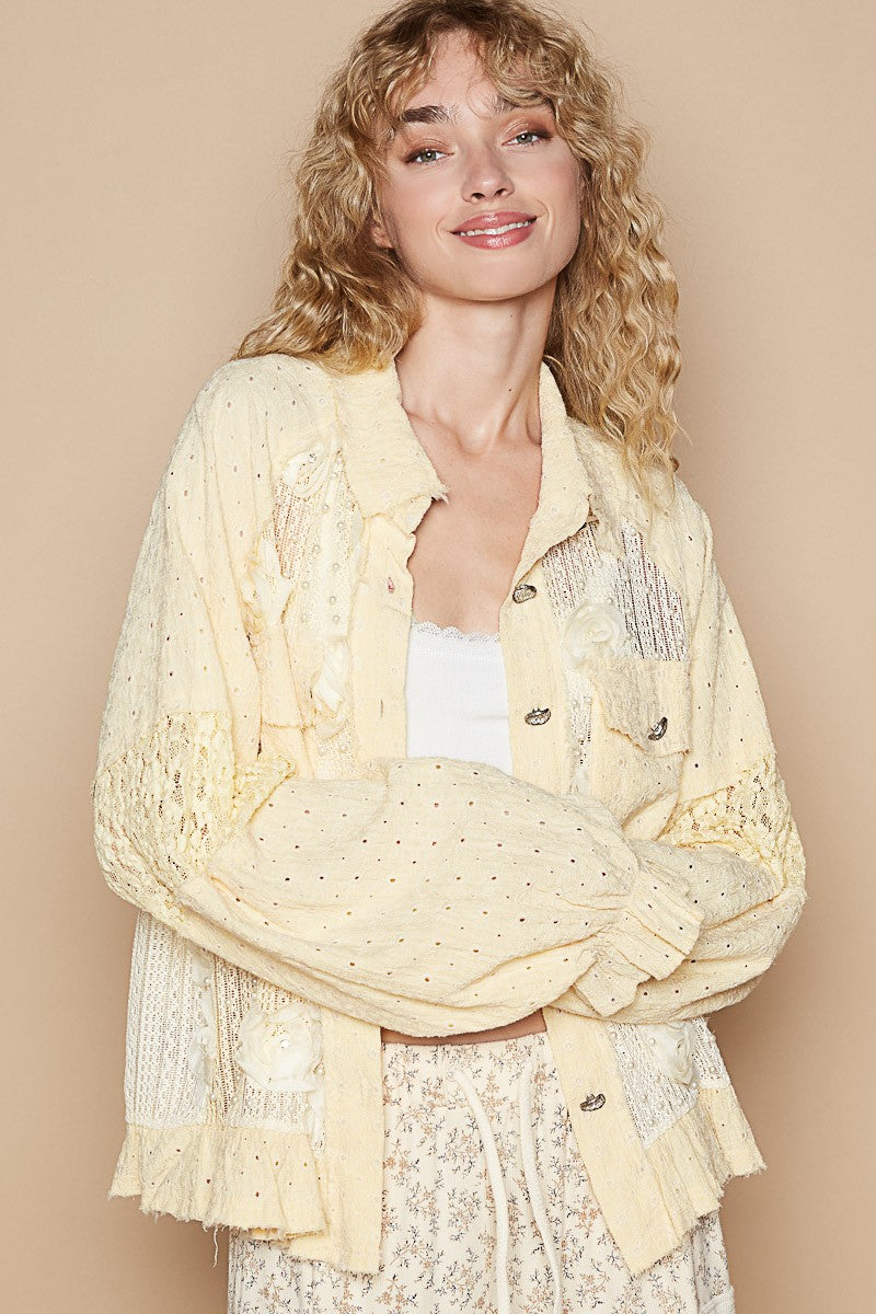 POL Eyelet Flower Pearl Detail Lace Patchwork Shirt