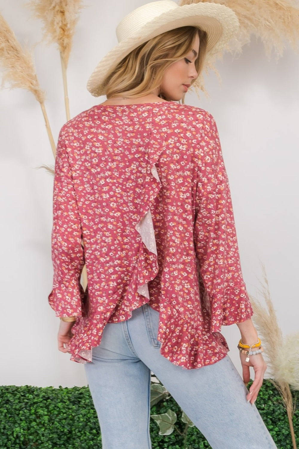 Celeste Full Size Floral Ruffle Detail Top