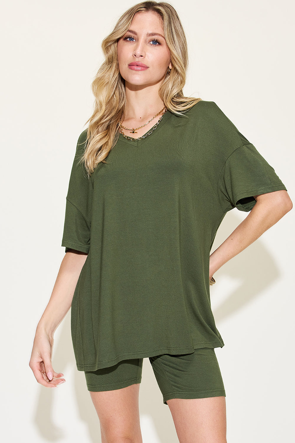 Basic Bae Full Size V-Neck Drop Shoulder T-Shirt and Shorts Set