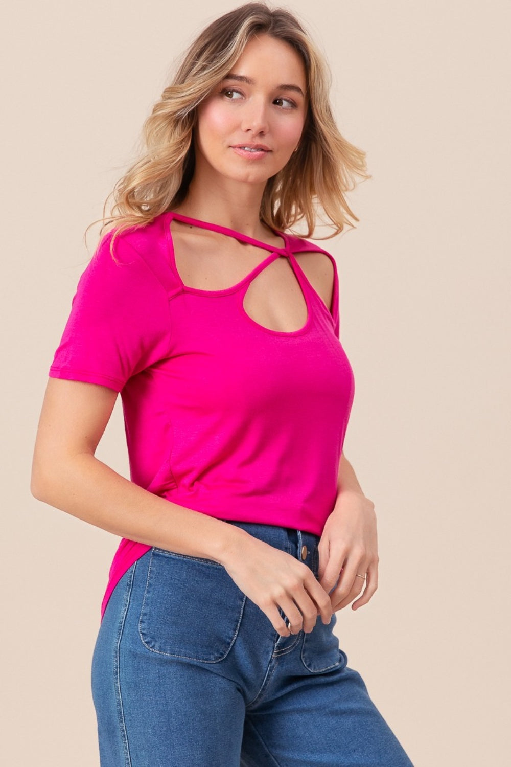 BiBi Cutout Asymmetrical Neck Short Sleeve T-Shirt