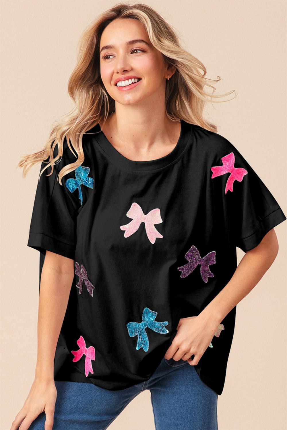 BiBi Sequin Bow Patch Short Sleeve T-Shirt