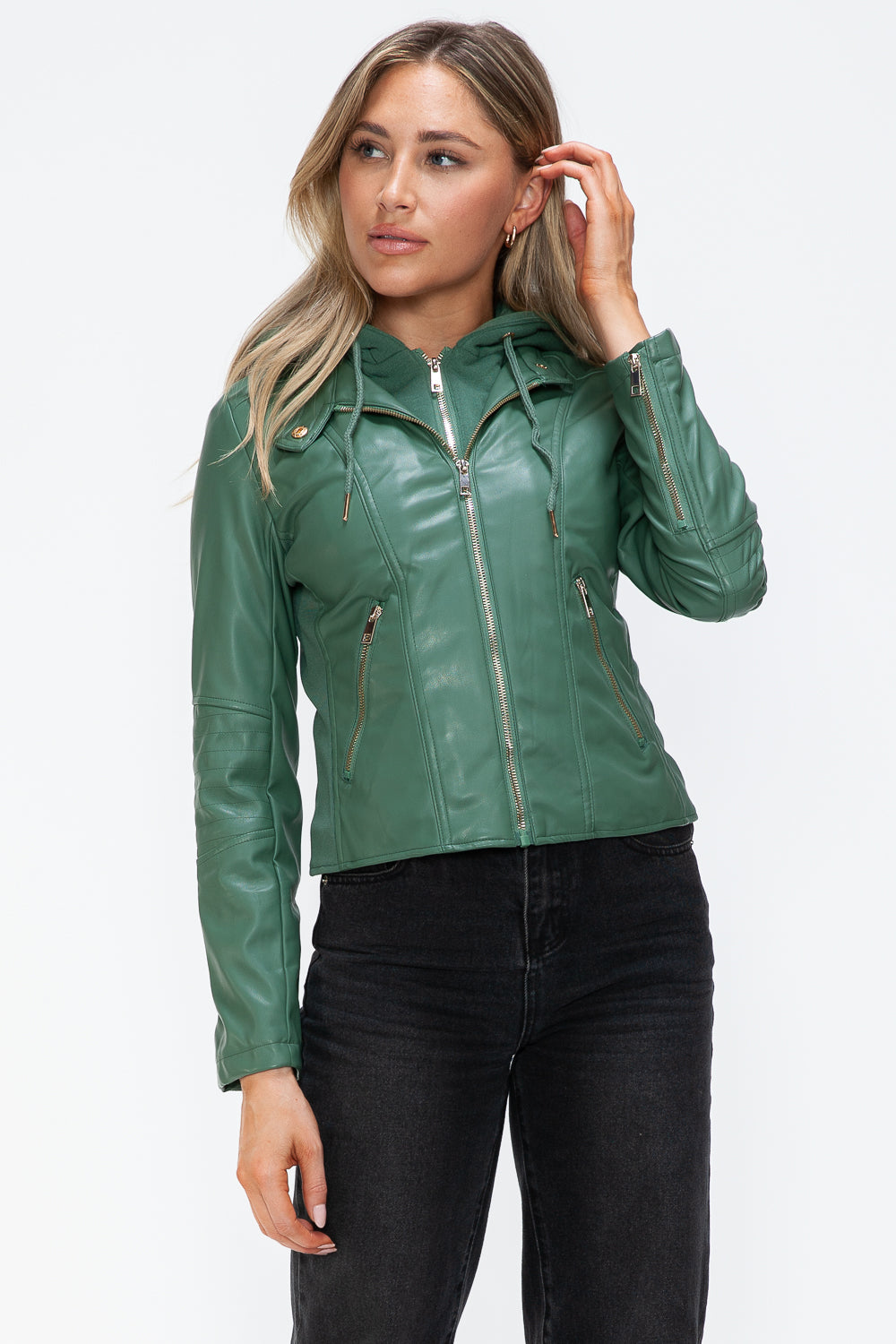 Snobbish Faux Leather Zip Up Drawstring Hooded Jacket