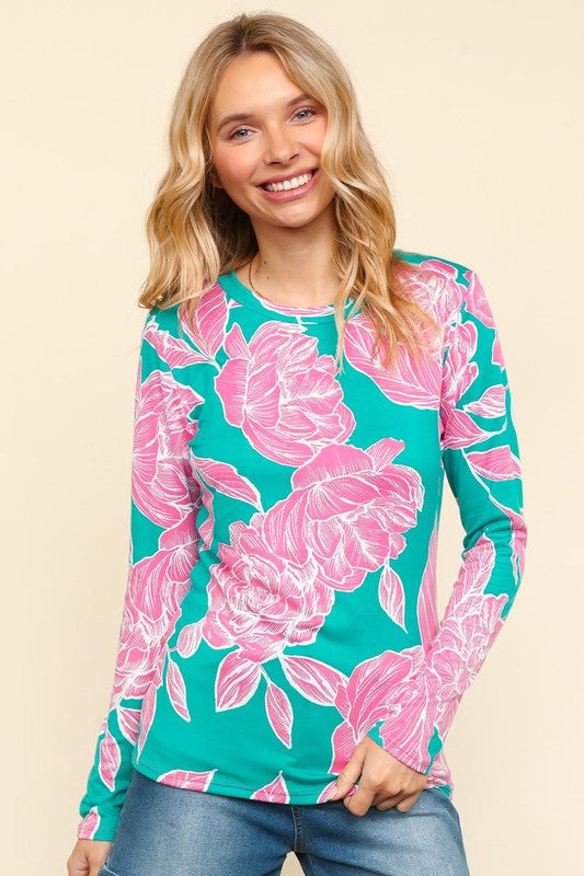 Haptics Full Size Floral Round Neck Long Sleeve T-Shirt