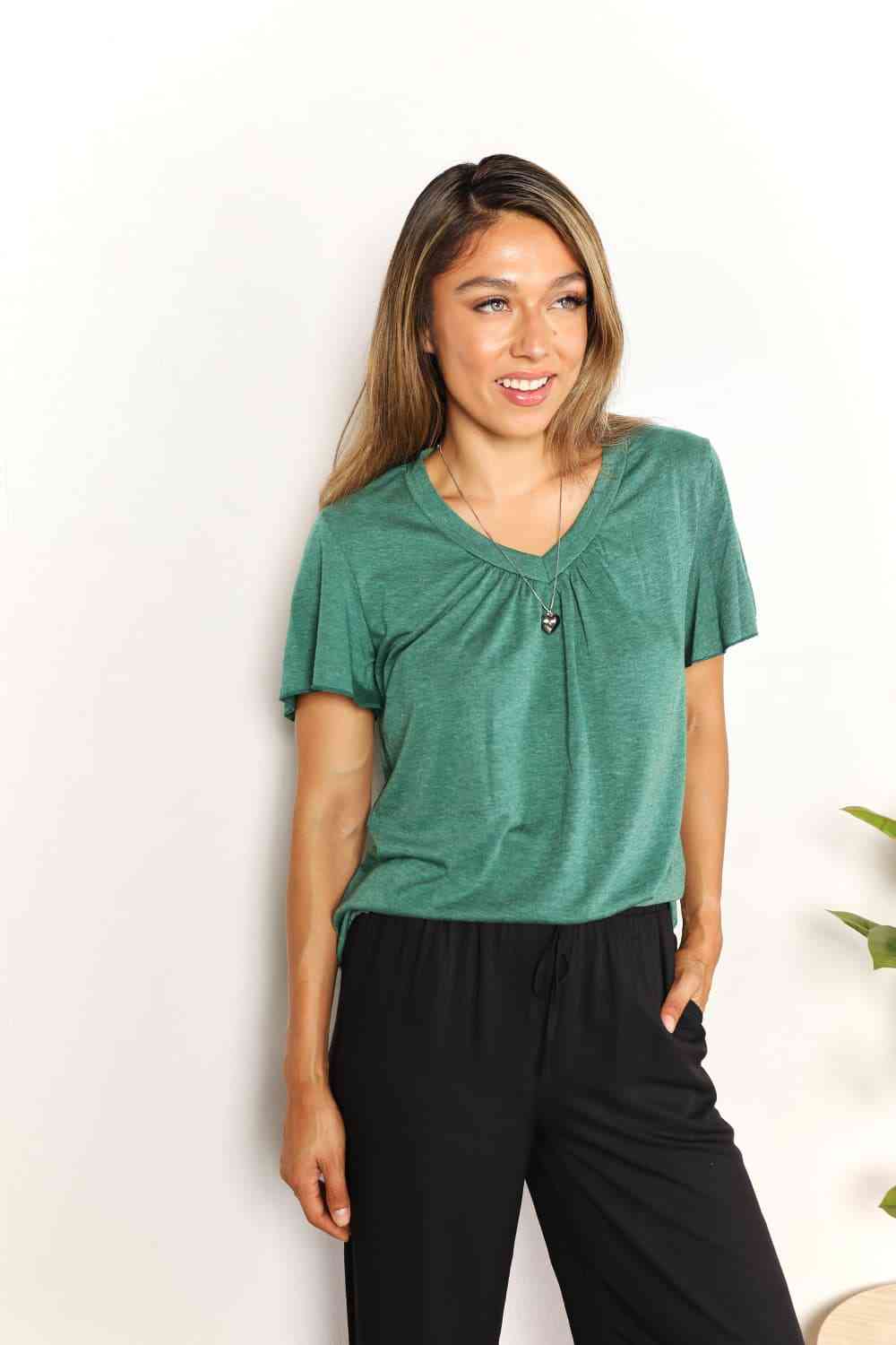 Double Take Ruched V-Neck Short Sleeve T-Shirt