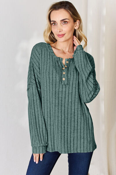 Basic Bae Full Size Ribbed Half Button Long Sleeve T-Shirt