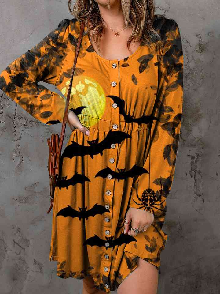 Full Size Halloween Theme Round Neck Long Sleeve Magic Dress