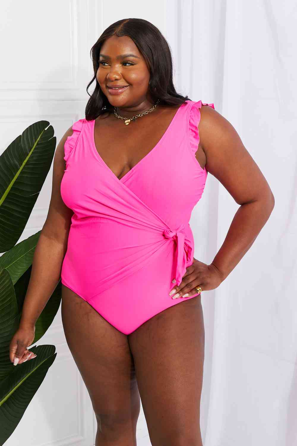 Marina West Swim Full Size Float On Ruffle Faux Wrap One-Piece in Pink