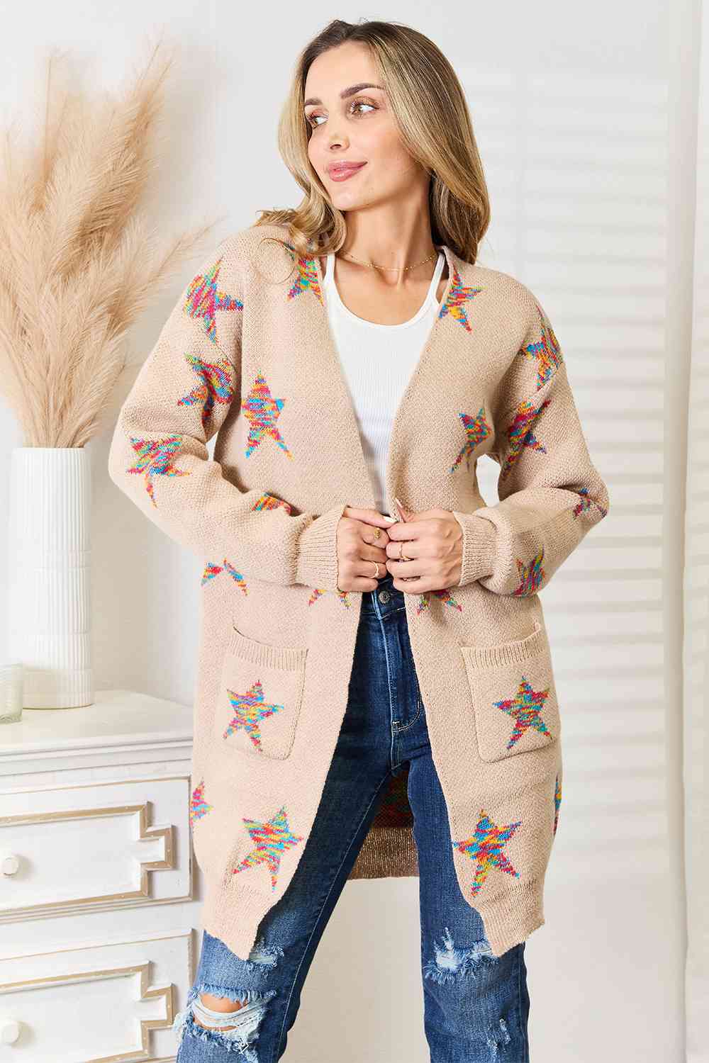 Double Take Star Pattern Open Front Longline Cardigan