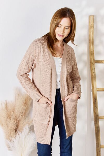 Hailey & Co Full Size Cable-Knit Pocketed Cardigan